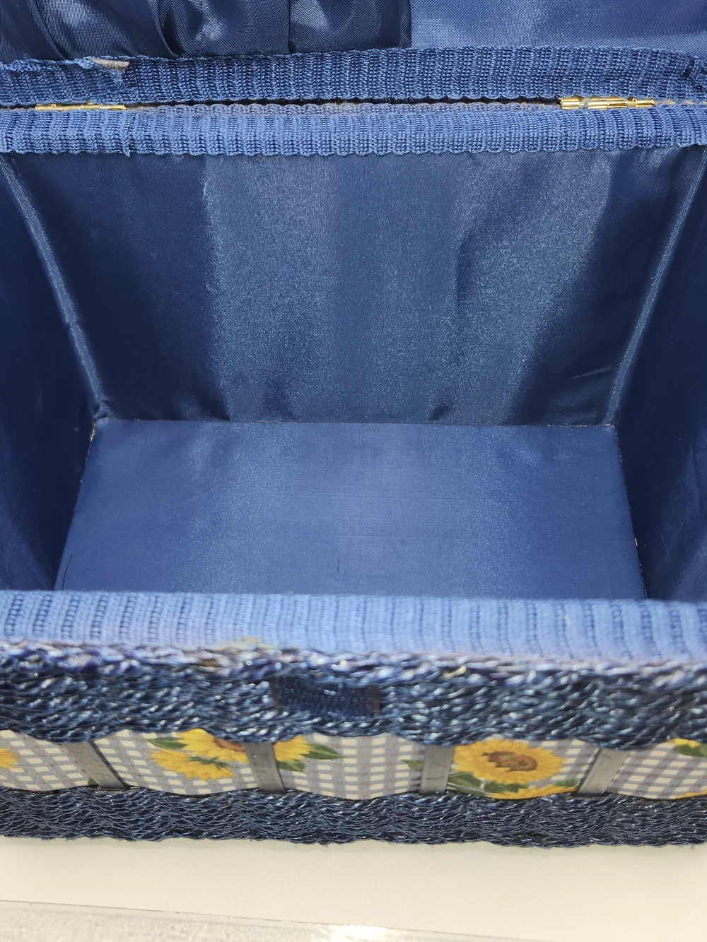 Vtg Wicker Sewing Basket Blue With Sunflowers Notions Storage Box With Handle